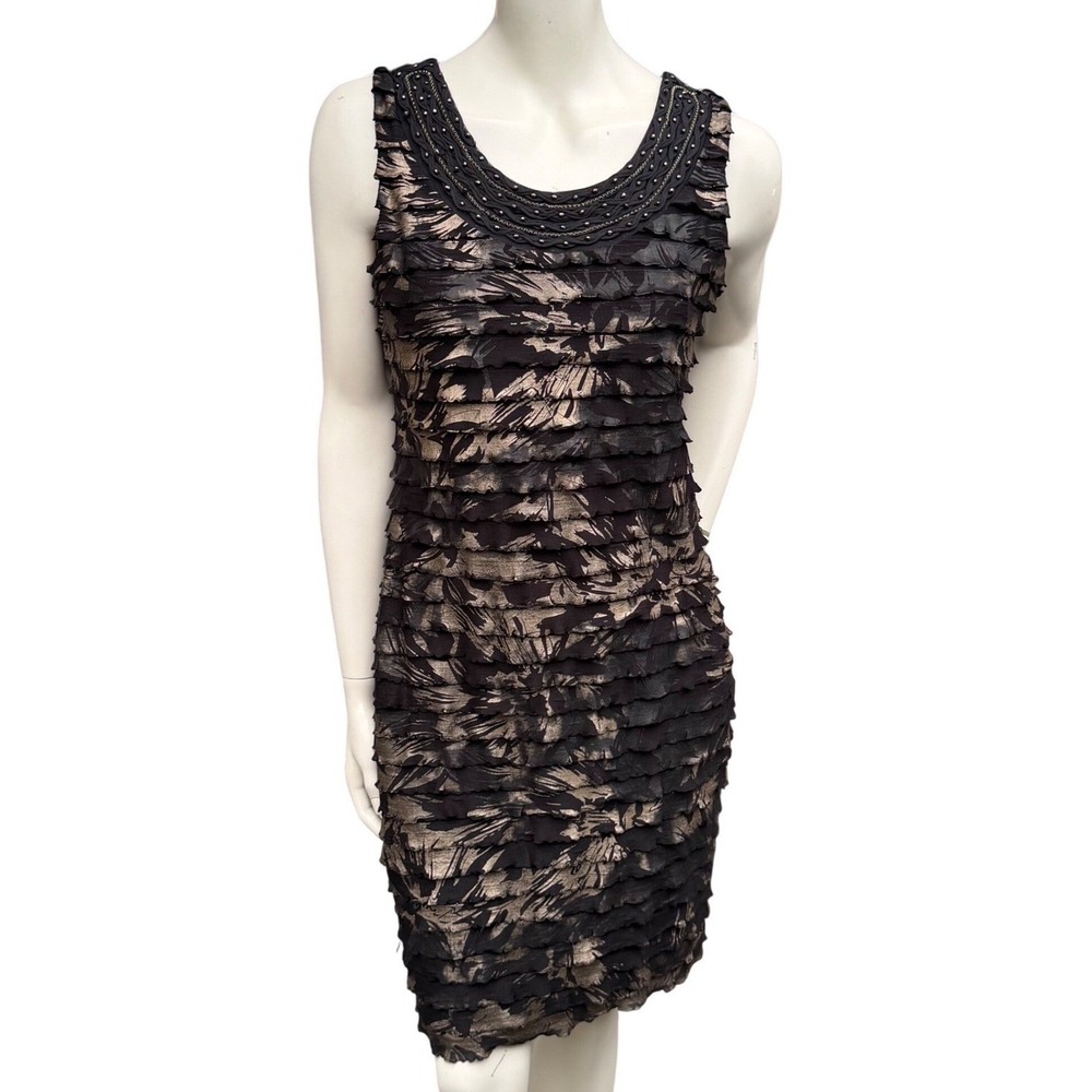Frank‎ Lyman Beaded Cocktail Dress Tiered Ruffle Beaded Scoop Neck Gold Black  8